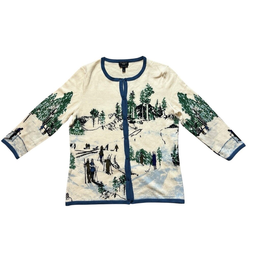 Talbots Merino Wool winter scene cardigan sweater Ski Resort Vtg Preppy Sz PS